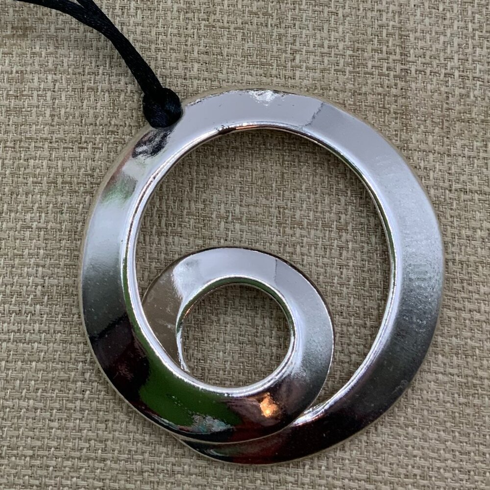 Chico's Silver Tone Spiral Circle Pendant Black Satin Cord Necklace